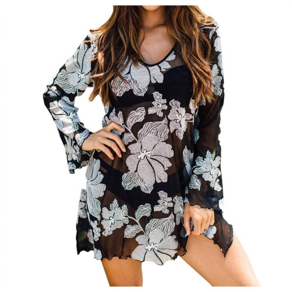 NEW J.VALDI mesh flower bell sleeve sharkbite tunic cover up in black